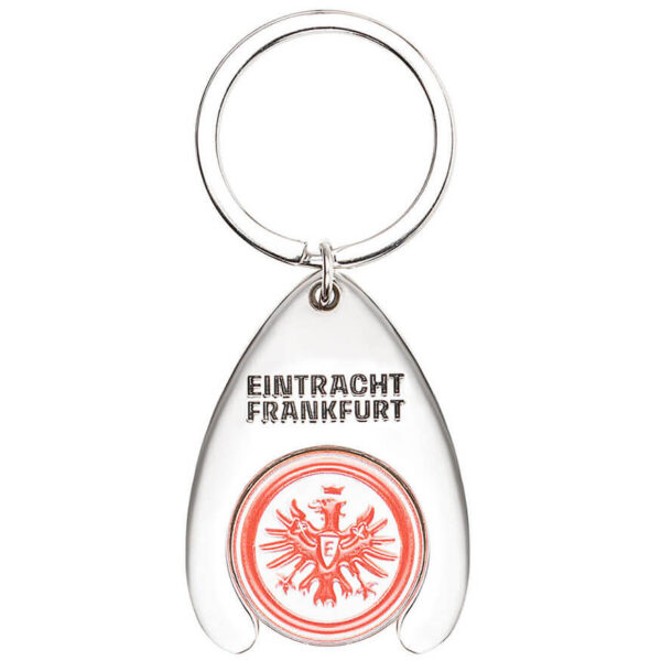 Eintracht Frankfurt Schlüsselanhänger mit integriertem Einkaufschip in silbernem Design, mit rot-weißem Vereinslogo – erhältlich im Eintracht-Fanshop