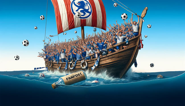 Eine Kogge voller Fans von Hansa Rostock, die über das Meer schippert. Illustration.