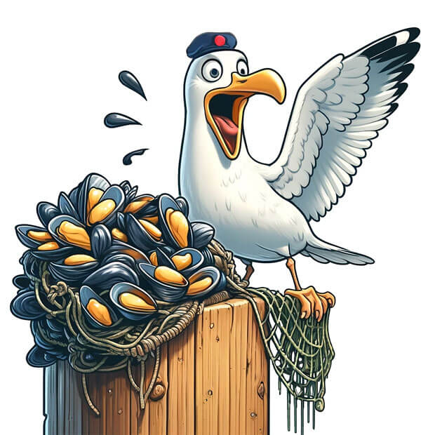 Eine Möwe, illustriert, im Comic-Stil. Sie sitzt auf einem Pfahl, der mit einem Fischernetz und Muscheln belegt ist und winkt mit einem Flügel den Fans von Hansa Rostock zu