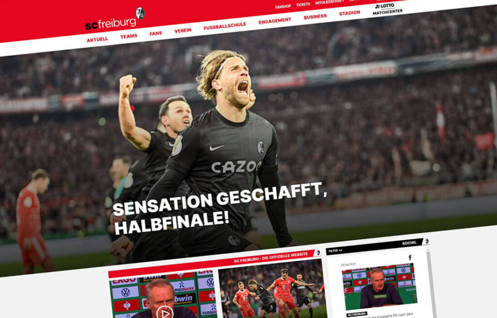Startseite der Webseiten des Vereins SC Freiburg mit Sieger-Titelbild