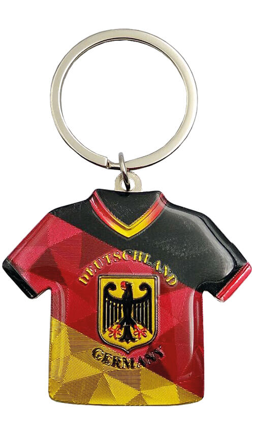 Souvenir und Fanartikel zur EM24 — Fußball-Europameisterschaft 2024, Schlüsselanhänger mit den Farben der Deutschlandflagge, in Harz gegossen