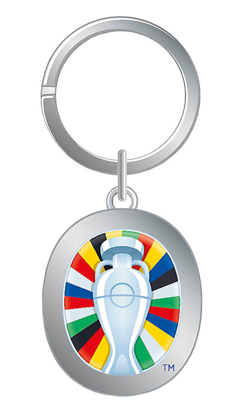 Offizieller Fanartikel UEFA Fußball-Europameisterschaft 2024 - Schlüsselanhänge, Metall Silber, oval mit Signet der EM24, Farbig und Pokal als Motiv