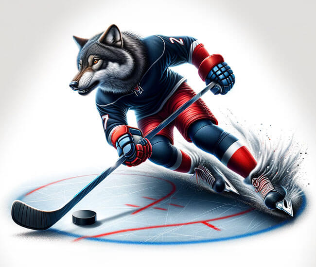 Ein Illustration eines Wolfes im Dress eines Eishockeyspielers, der sinnbildlich für die Mannschaft Selber Wölfe steht. Das Bild ist ein Kopfbild für einen Beitrag der Tobias Rahm Handelsagentur, die Selber Wölfe als neue Partner im Bereich der Fanartikel feiert.