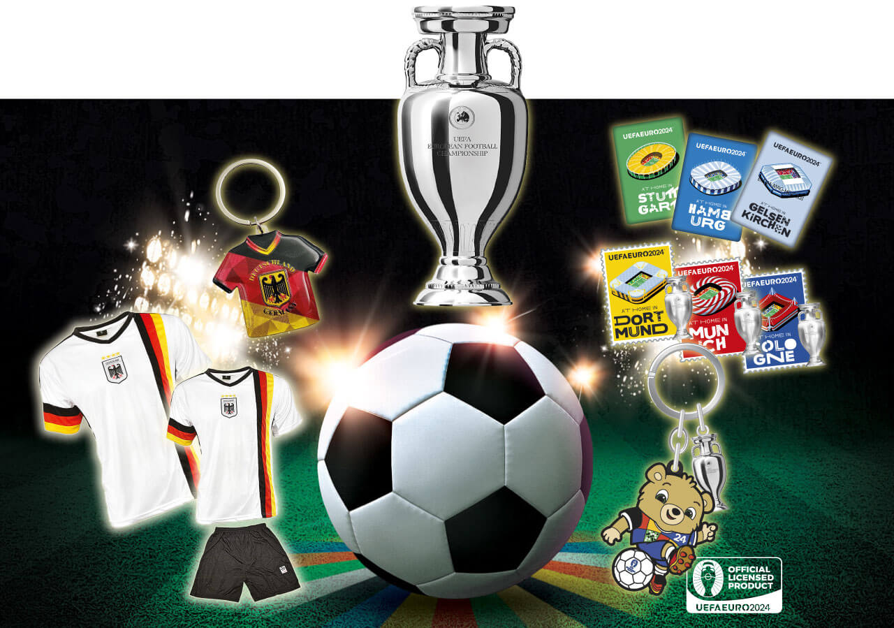Die Abbildung zeigt exklusive und offiziell lizenzierte UEFA Fanartikel zur Fußball-Europameisterschaft